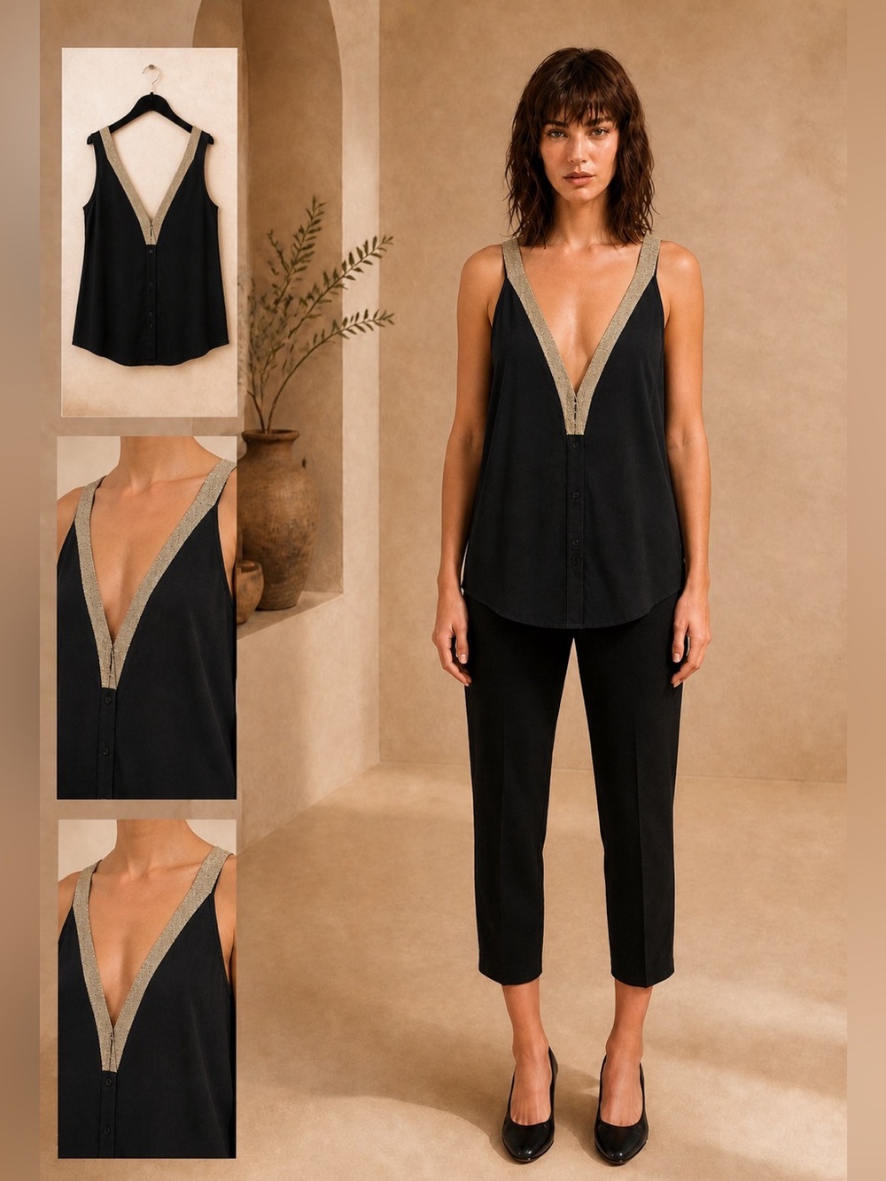 H&M Black Tank with Gold Beaded V-Trim